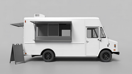 Naklejka premium White food truck with open serving window and sign