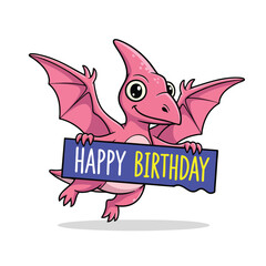 A cute pink cartoon pterodactyl flying while holding a blue Happy Birthday sign.