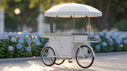 White ice cream cart with umbrella in park with hydrangeas