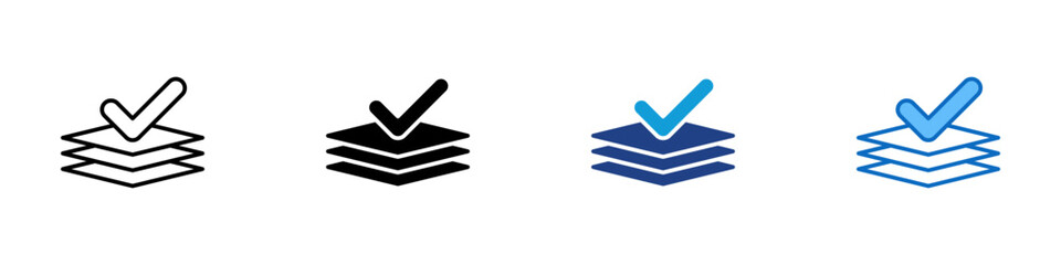 Task Layers Multiple Style Icon Vector Design - Stacked papers with a checkmark, representing task layers, completion, or verified workflows