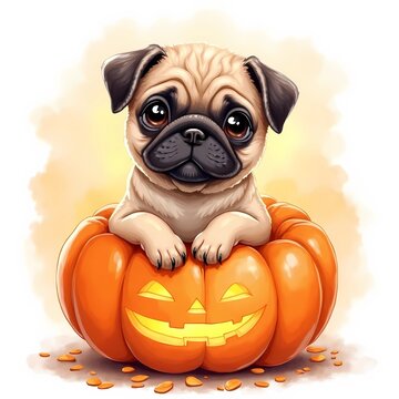 cute pug puppy in Halloween pumpkin