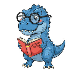 A friendly blue cartoon Tyrannosaurus Rex wearing glasses and reading a book titled Dinosaur Facts.