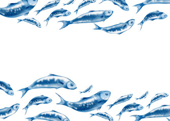 Obraz premium Sardine fish in horizontal template swimming in a shoal stylized watercolor illustration for fish restaurants, websites, posters, fish markets and stores