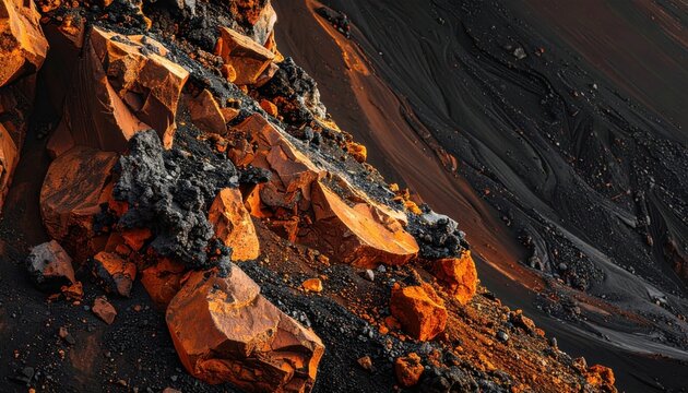 Realistic close detail tephra lapilli scoria packed matrix desaturated rust black right copy space wallpaper background representing volcanic rock suitable for geology design