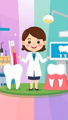 Cartoon dentist presenting teeth and dental tools