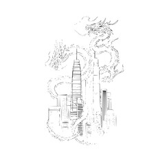 Obraz premium Dragon over city skyline drawing black and white illustration fantasy art mythical creature urban landscape artwork