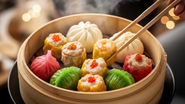 A bamboo steamer filled with assorted dim sum, including steamed buns, shumai, and dumplings, with chopsticks reaching in. Steam rises