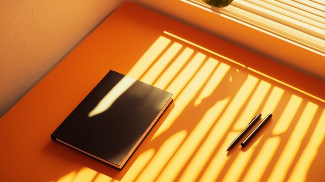Notebook and Pens on an Orange Desk with Sunlight Stripes