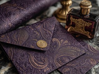 Purple paisley invitation envelopes with gold accents, and a perfume bottle