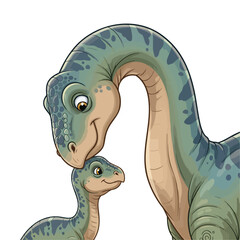 Affectionate mother and baby brachiosaurus dinosaurs sharing a tender moment a cute cartoon illustration. © Vira