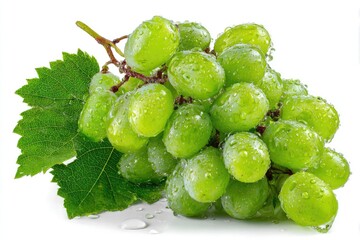 Fresh green grapes with water droplets and leaves (1)
