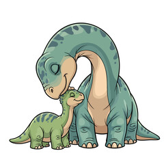 An endearing cartoon illustration of a mother Brontosaurus lovingly nuzzling her baby. © Vira
