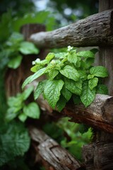 Green plants clinging to weathered wooden fence