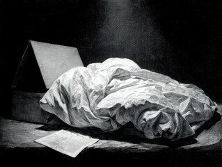 Still life  folded linens, box, paper