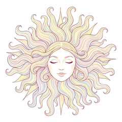 Beautiful sun goddess with a serene female face and flowing wavy pastelcolored hair rays.
