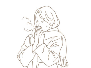女性　イラスト　咳　寒い