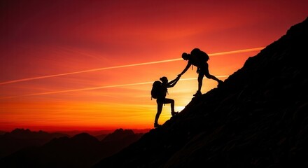 Silhouette of climbers reaching the summit at sunset, offering help and teamwork concept