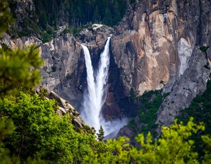 Majestic waterfall cascading down rocky cliffs, framed by lush greenery