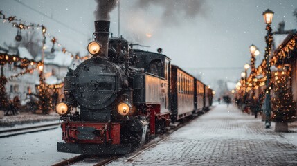 A Vintage Steam Train Arrives at a Snowy Christmas Market Station Charming winter scene with lights and falling snow