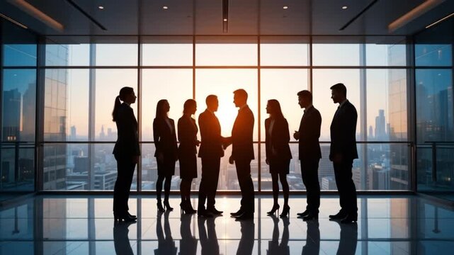 Silhouette of businessman with team shaking hands with partner. 4k video