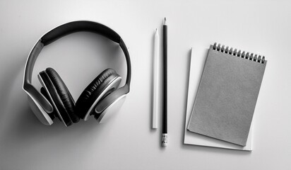 Pristine, minimalist black and white flat lay of sleek over-ear headphones, a pencil, and two spiral notebooks, neatly arranged on a clean desk surface