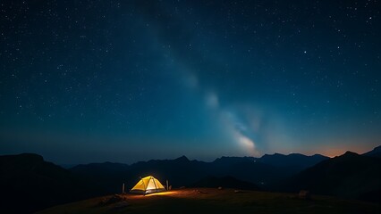 Starry mountain landscape at night with an illuminated tent under the milky way, serene and vast.