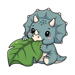 Cute baby triceratops dinosaur cartoon character eating a large green leaf. © Vira