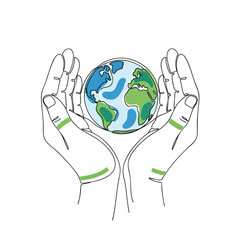 Continuous oneline drawing of two hands carefully holding the planet Earth globe.