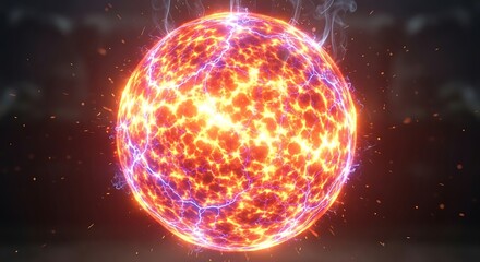 A luminous sphere of incandescent energy erupts with vibrant flashes of electrical discharge against a dark background.