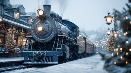 Obraz premium Vintage Steam Train at a Snowy Christmas Station Winter Holiday Railroad Scene