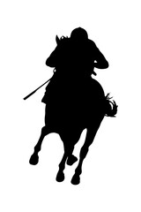 Front view silhouette of a jockey riding a horse