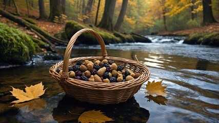 A woven basket filled with assorted nuts and berries sits by a serene stream in a colorful autumn forest