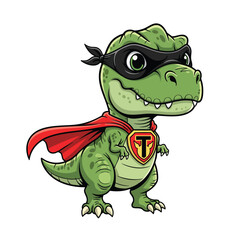 Cute green TRex dinosaur superhero with a red cape black mask and Tshield emblem.