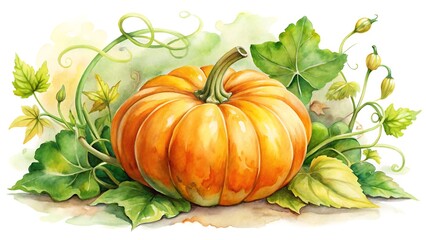 Watercolor pumpkin with leaves and vines isolated on white background, a vibrant autumn harvest illustration with intricate details and soft colors