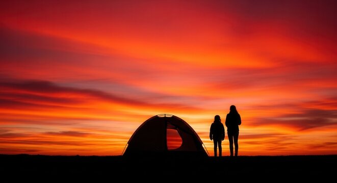 Spectacular sunset silhouette of campers with tent casting a warm glow on the landscape evoking