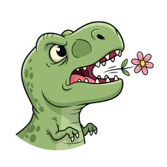 Grumpy green cartoon TRex dinosaur with an angry expression spitting out a pink flower.