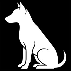 Flat black silhouette of a dog sitting, minimal vector style, white background.
