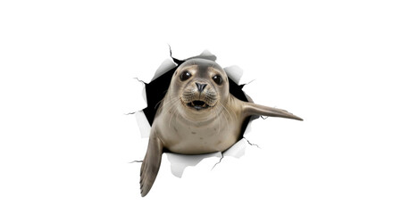 Adorable seal pup bursting through a paper hole, perfect for quirky animal designs and playful projects