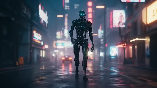 Futuristic Android Walks Down a Neon-Lit City Street in a Cyberpunk Style