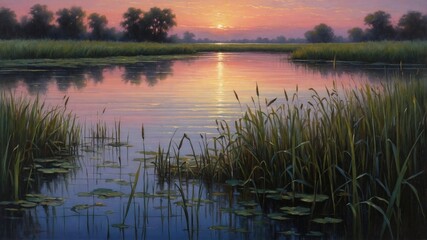 Serene sunset over a tranquil lake surrounded by lush greenery and gentle reflections on water