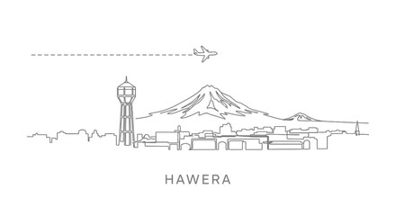 Obraz premium Hawera with New Zealand Skyline Sketch with Airplane, and Mountain.