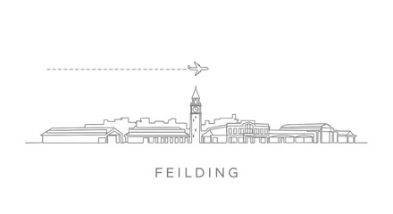 Fototapeta premium Feilding New Zealand City Skyline Illustration With Airplane.