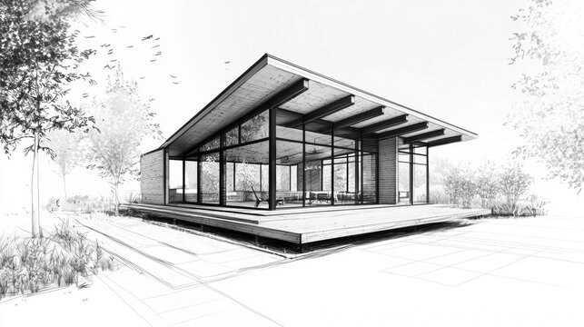 Modern architectural design features a sleek house with large windows and a spacious deck surrounded by greenery