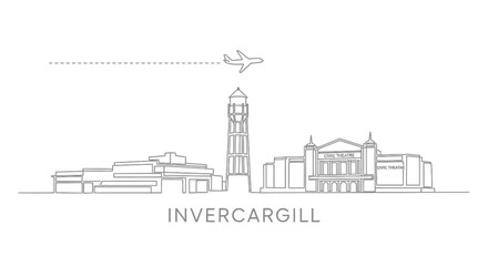 Obraz premium Invercargill with New Zealand Skyline Outline, and Plane.