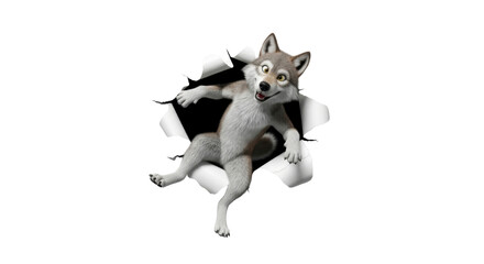 Playful cartoon wolf bursting through paper, a fun mascot character, perfect for children's designs