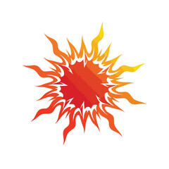 Stylized fiery explosion graphic with red orange and yellow radiating flames.