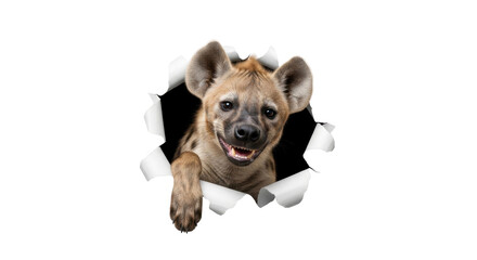 Adorable spotted hyena playfully peeking through a torn paper hole with a toothy grin