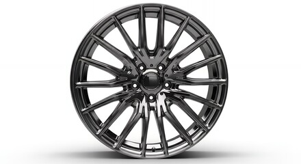 Sleek, modern alloy car wheel with intricate spoke design, gleaming silver finish, and polished chrome accents
