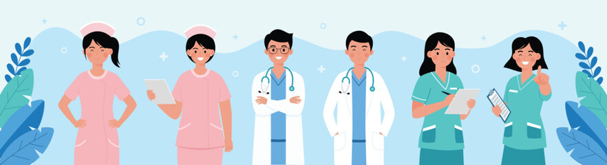 Flat Vector illustration Medical team group of professional doctors and healthcare workers in hospital setting. Ideal for medical, healthcare, and hospital-related content.