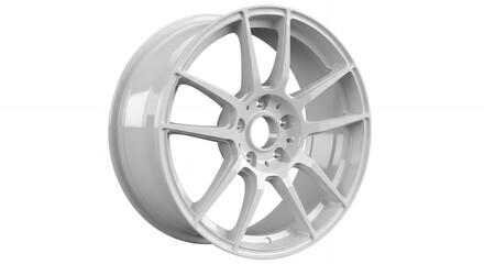 Sleek white alloy car wheel with intricate spoke design, modern automotive upgrade.
